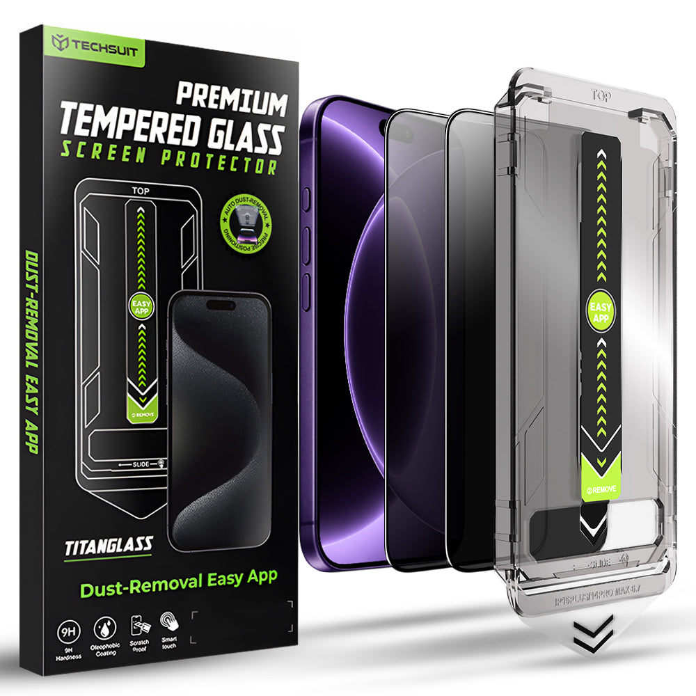 Film de protection d'écran Privacy Techsuit TitanGlass pour Apple iPhone 18 Pro, Verre Trempé, Collage Complet, Lot de 2 pièces