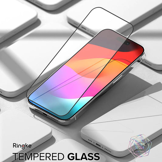 Film de protection d'écran Ringke pour Apple iPhone 15 Pro Max, Verre trempé, Collage complet, Noir