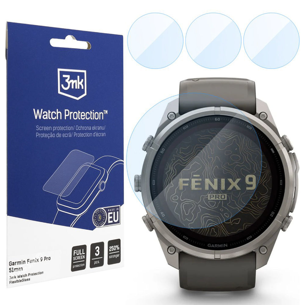 Film de protection 3MK FlexibleGlass pour Garmin Fenix 9 Pro 51mm, Lot de 3 pièces, Verre flexible