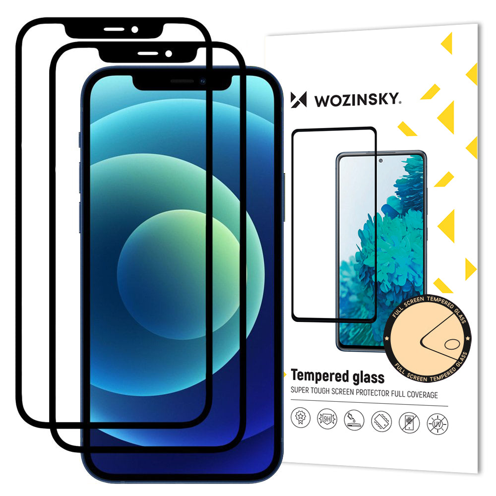 Film de protection d'écran WZK pour Apple iPhone 12 / 12 Pro, Verre trempé, Adhésif complet, Lot de 2 pièces, Compatible avec coque, Noir