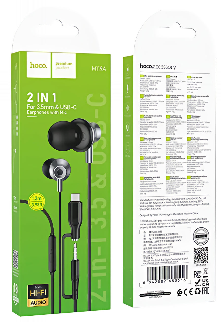Écouteurs mains libres 3,5 mm / USB-C HOCO M119A, Noir