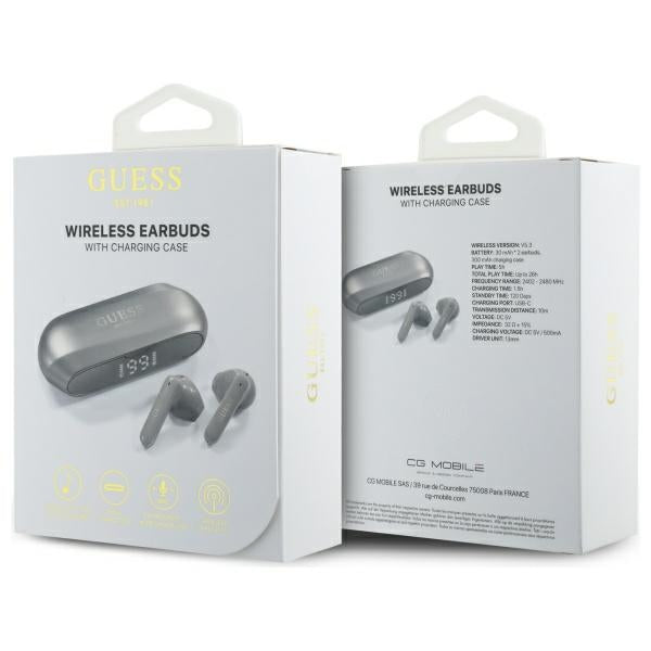 Écouteurs Bluetooth Guess avec logo métallique allongé imprimé, TWS, Gris