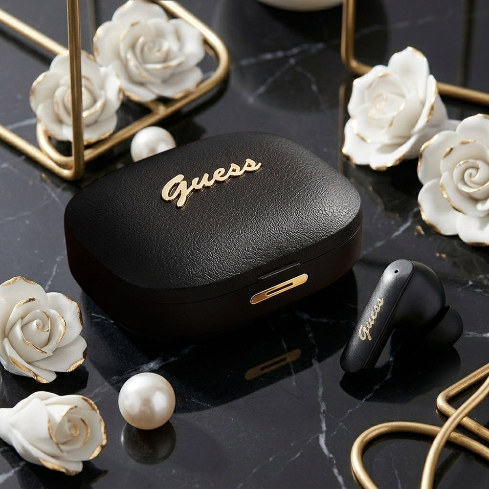Handsfree Bluetooth Guess Script Logo Métallique, TWS, Blanc