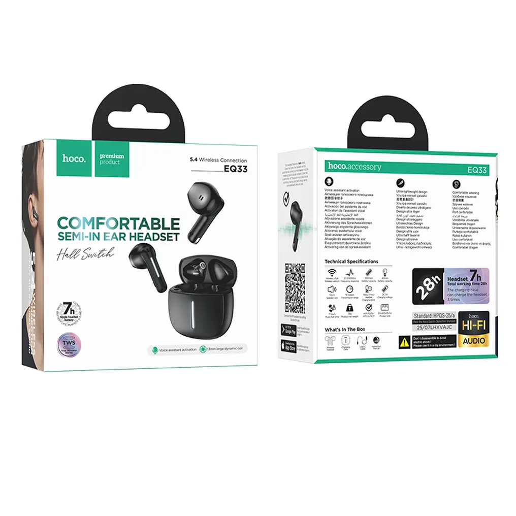 Kit mains libres Bluetooth HOCO EQ33, TWS, Noir