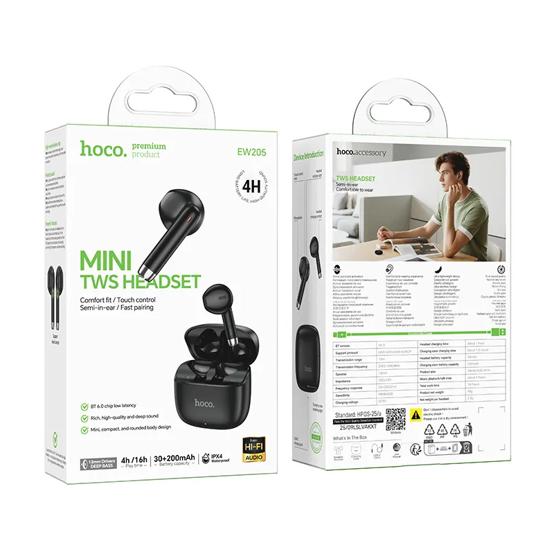Kit mains libres Bluetooth HOCO EW205, TWS, Noir