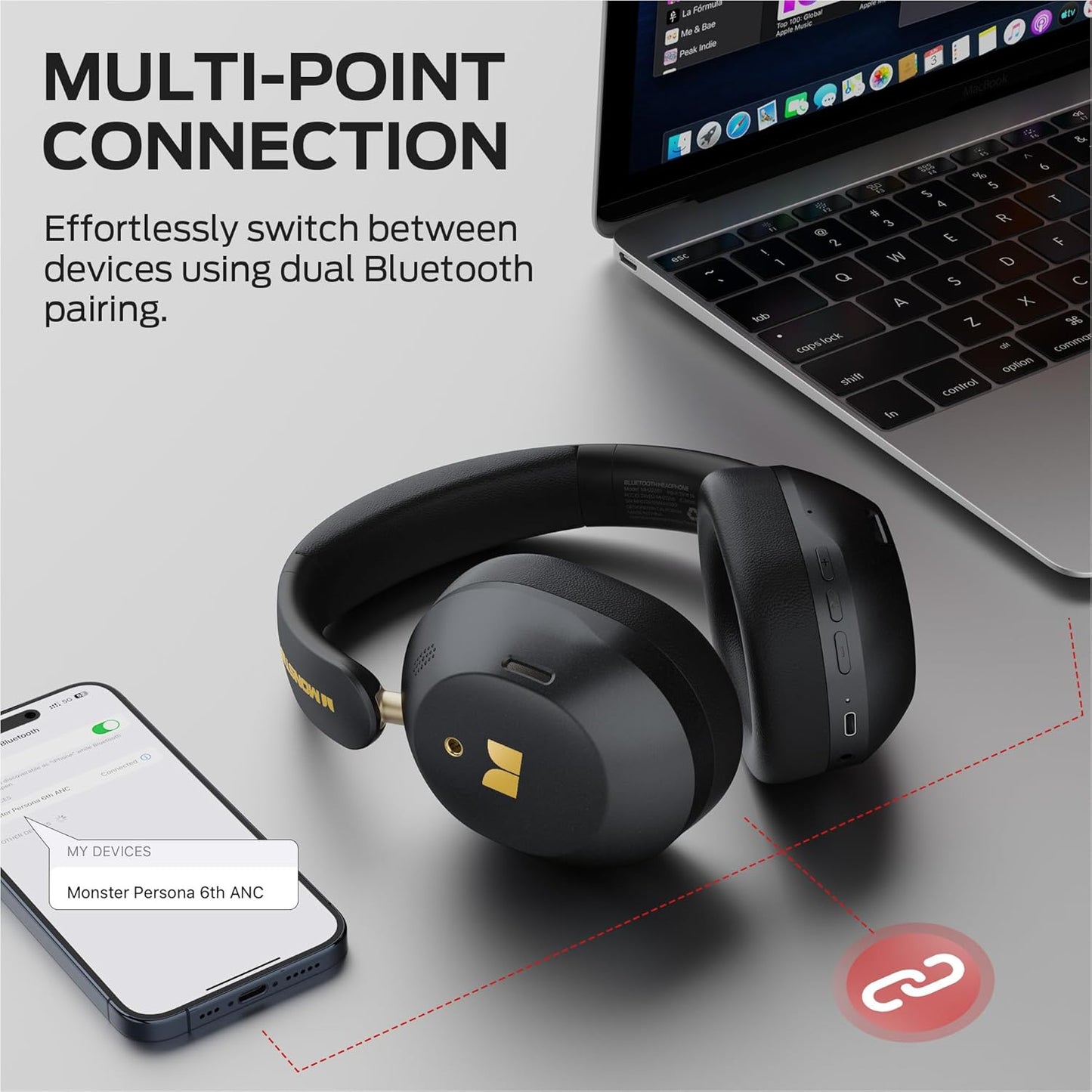 Kit mains libres Bluetooth Monster Persona 6th, MultiPoint, A2DP, ANC, Noir