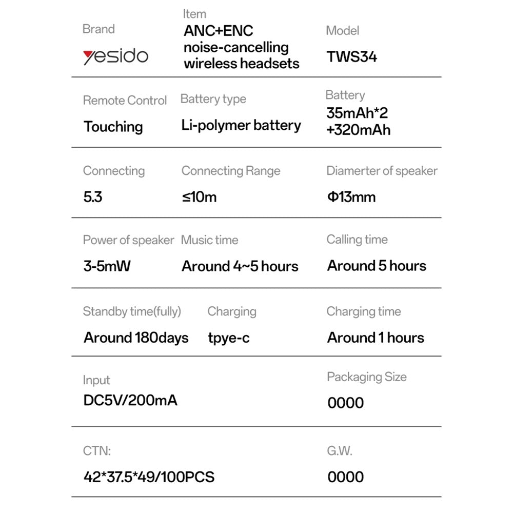 Kit mains libres Bluetooth Yesido TWS34, TWS, ANC, Blanc