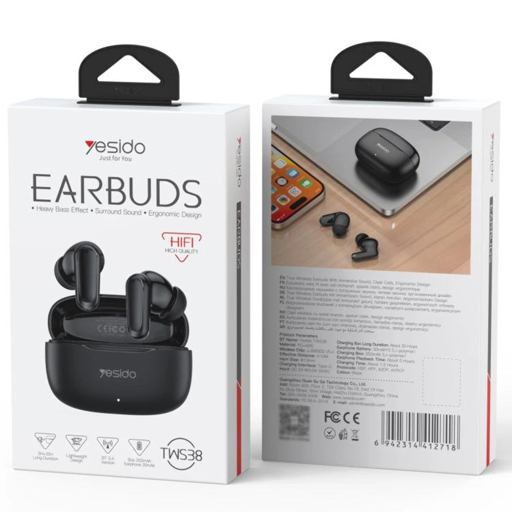 Kit mains libres Bluetooth Yesido TWS38, TWS, Noir