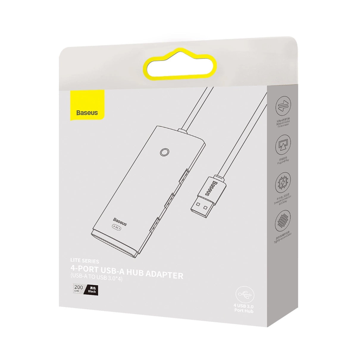 Hub USB Baseus Lite, 4 x USB-A 3.0 - 1 x USB-C, 2m, Noir WKQX030201