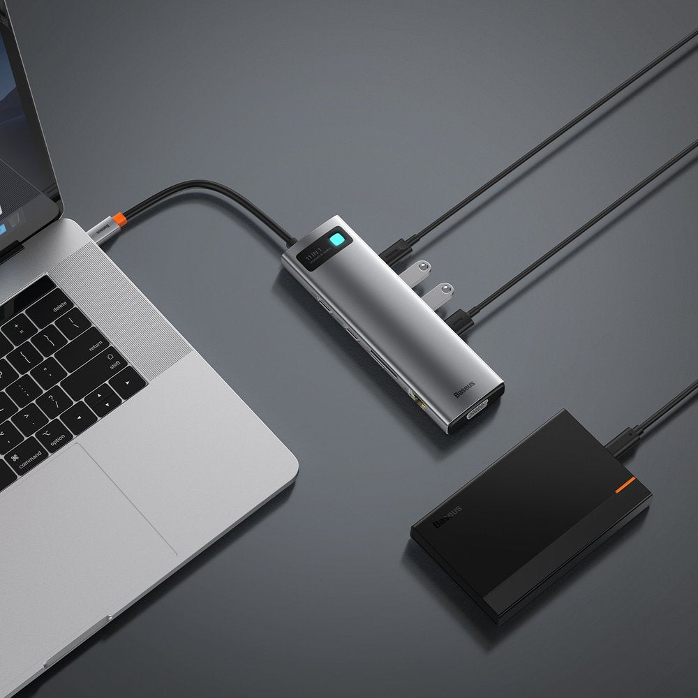 Hub USB-C Baseus Metal Gleam, 3 x USB-A 3.0 - 1 x USB-C - 2 x HDMI - 1 x VGA - 1 x Jack 3.5mm - 1 x RJ45 - 1 x SD - 1 x microSD, Gris CAHUB-CT0G