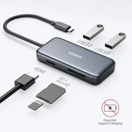 Hub USB-C Anker, 2 x USB-A 3.0 - 1 x HDMI - 1 x SD - 1 x microSD, Noir A8334HA1