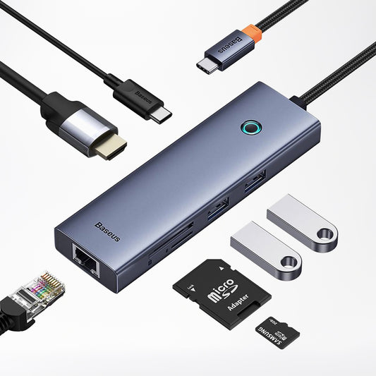 Hub USB-C Baseus UltraJoy, 2 x USB-A 3.0 - 1 x USB-C - 1 x HDMI - 1 x RJ45 - 1 x SD - 1 x microSD, Gris B00052805813-00