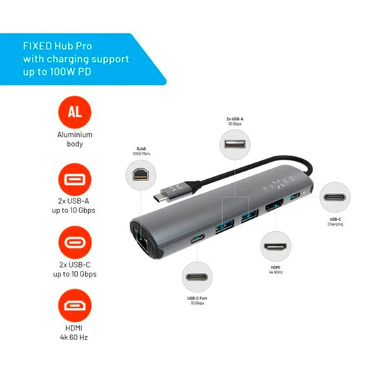 Hub USB-C Fixed Pro, 6en1, Gris