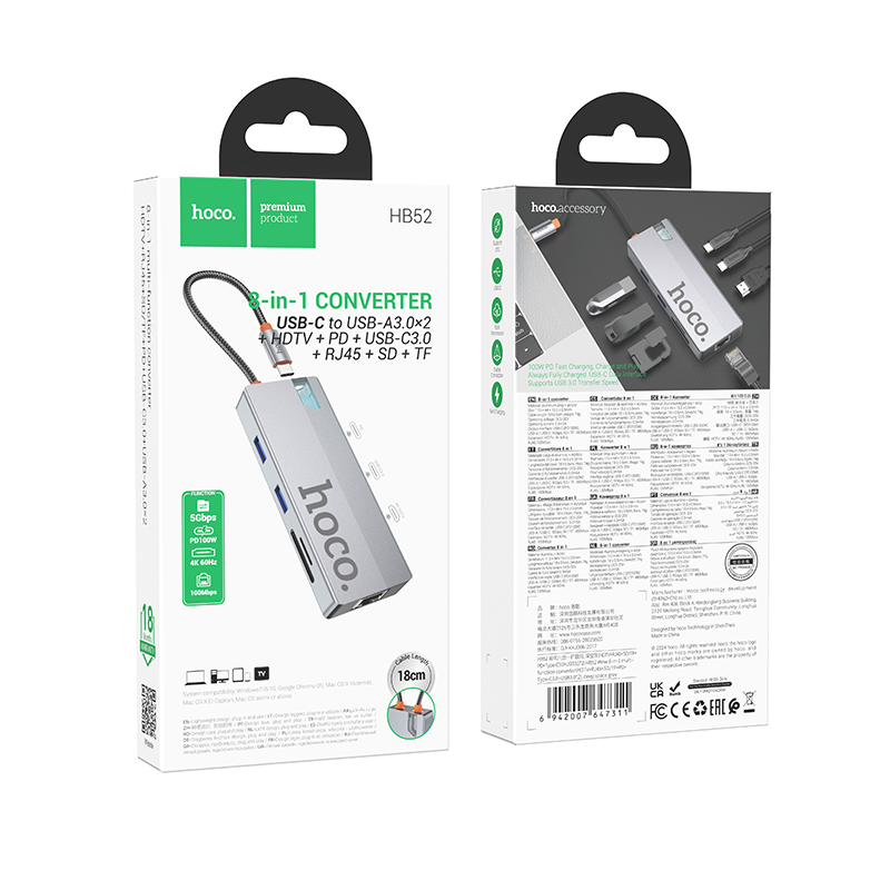 Hub USB-C HOCO HB52, 2 x USB-A 3.0 - 2 x USB-C - 1 x HDMI - 1 x RJ45 - 1 x SD - 1 x microSD, Gris