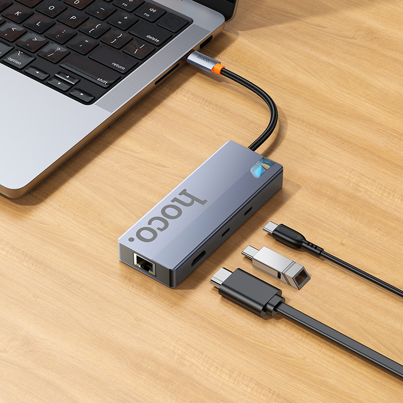 Hub USB-C HOCO HB52, 2 x USB-A 3.0 - 2 x USB-C - 1 x HDMI - 1 x RJ45 - 1 x SD - 1 x microSD, Gris