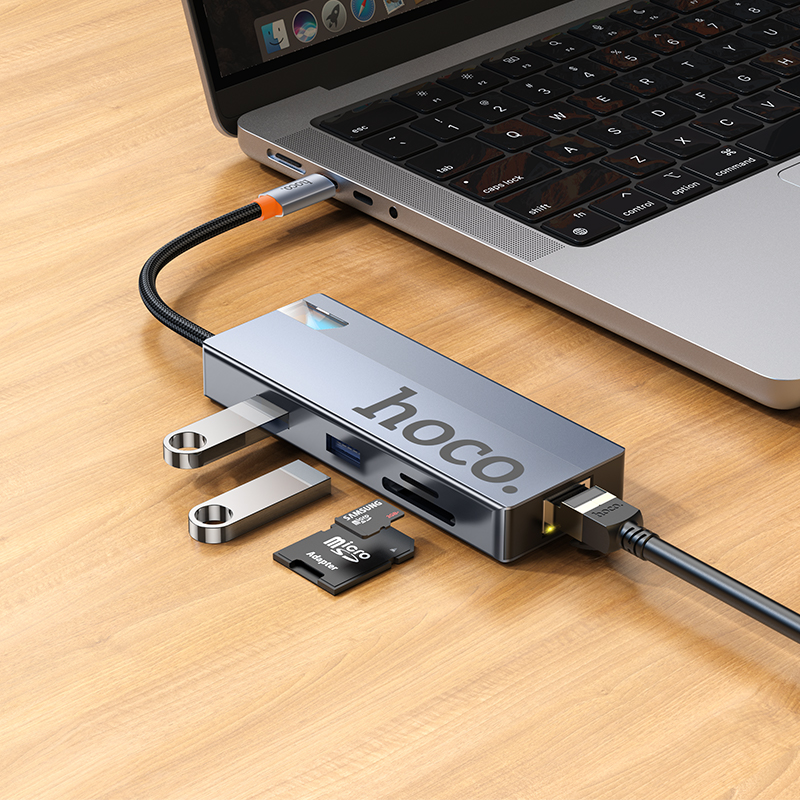 Hub USB-C HOCO HB52, 2 x USB-A 3.0 - 2 x USB-C - 1 x HDMI - 1 x RJ45 - 1 x SD - 1 x microSD, Gris