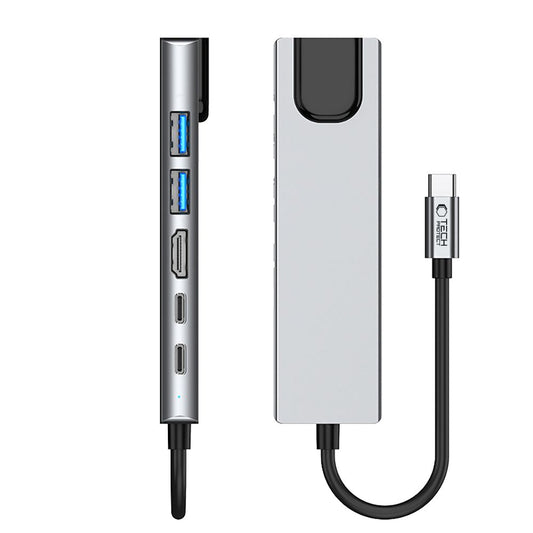 Hub USB-C Tech-Protect HB02, 1 x USB-A 3.0 - 1 x USB-A - 2 x USB-C - 1 x HDMI - 1 x RJ45, Gris