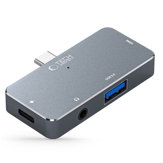 Hub USB-C Tech-Protect V6, 1 x USB-A - 1 x USB-C - 1 x HDMI - 1 x jack 3,5 mm, Gris