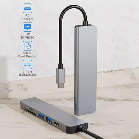 Hub USB-C Techsuit H5 TurboChargeX, 6en1, Gris