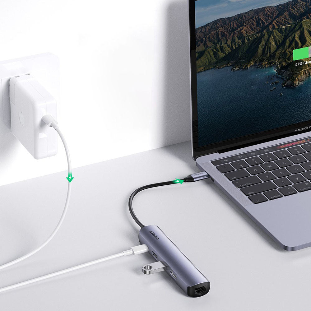Hub USB-C UGREEN CM418 (10919), 2 x USB-A 3.0 - 1 x USB-C - 1 x HDMI - 1 x RJ45, Gris