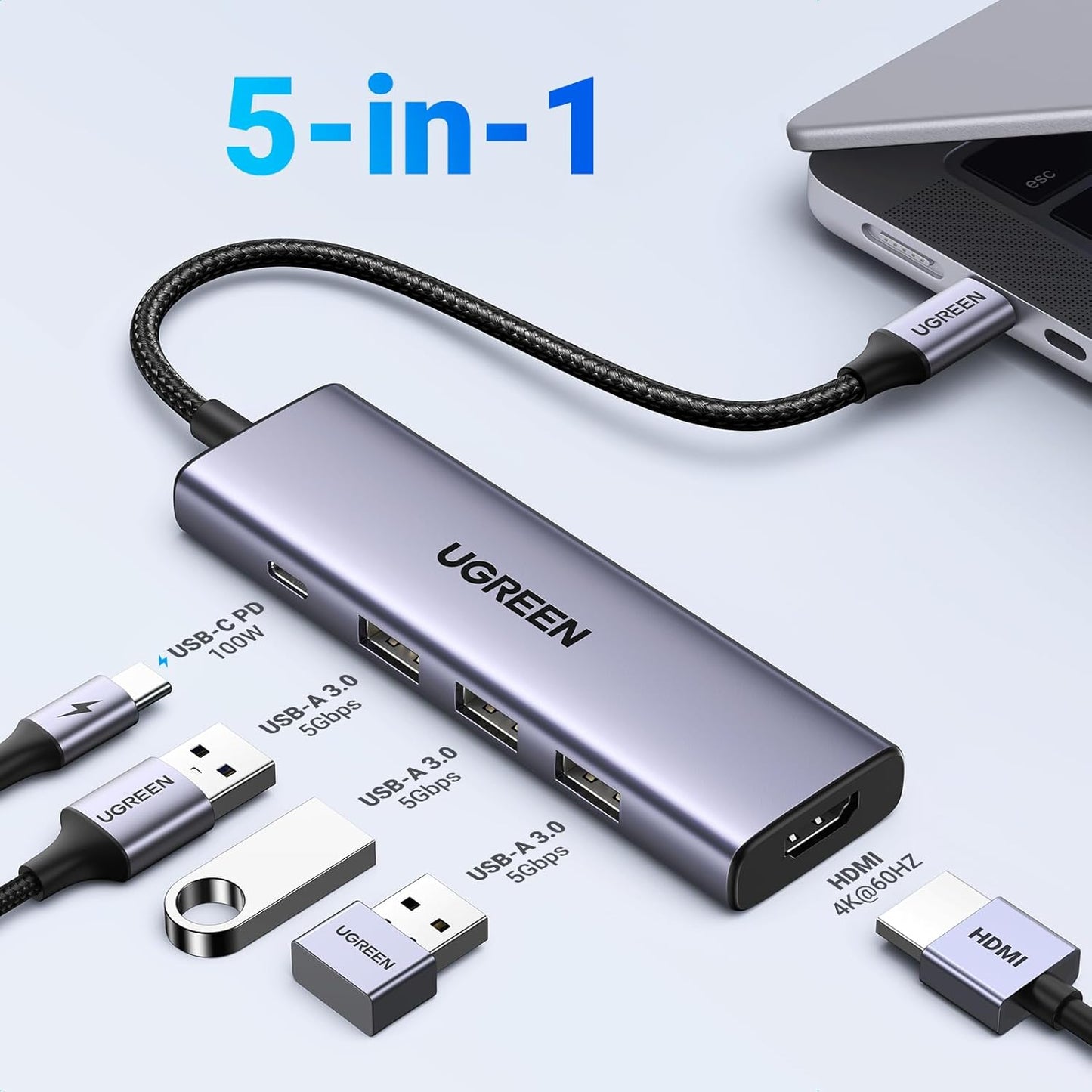 Hub USB-C UGREEN CM511, 3 x USB-A 3.0 - 1 x USB-C - 1 x HDMI, Gris