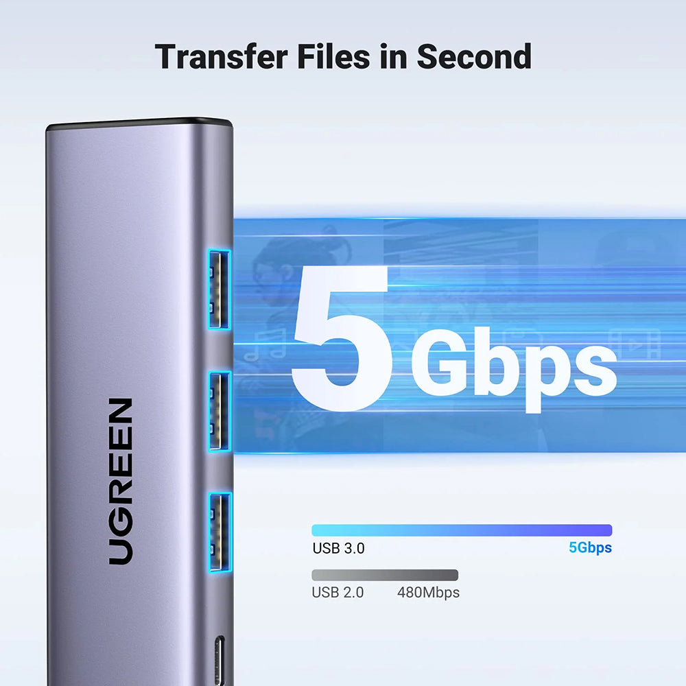 Hub USB-C UGREEN CM511 (15596), 3 x USB-A 3.0 - 1 x USB-C - 1 x HDMI, Gris