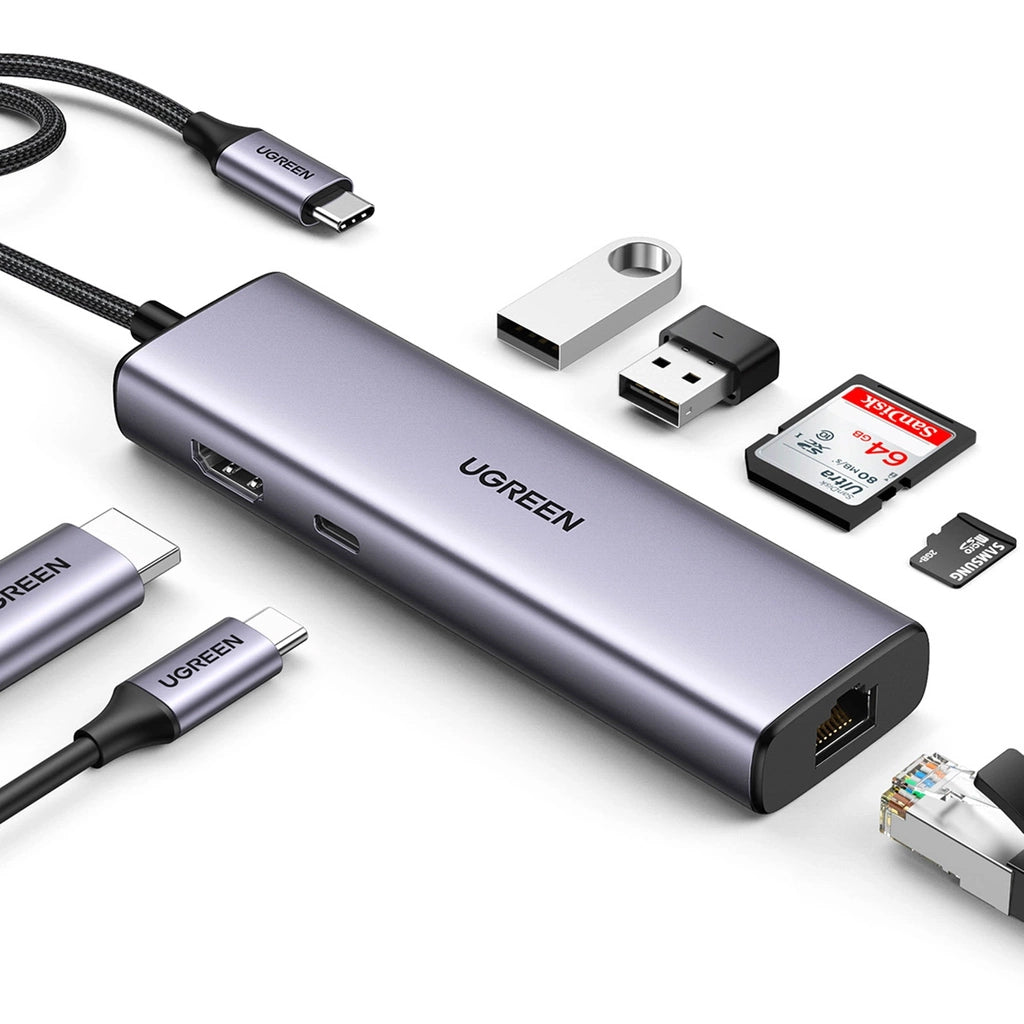 Hub USB-C UGREEN CM512 (90568), 2 x USB-A 3.0 - 1 x USB-C - 1 x HDMI - 1 x RJ45 - 1 x SD - 1 x microSD, Gris