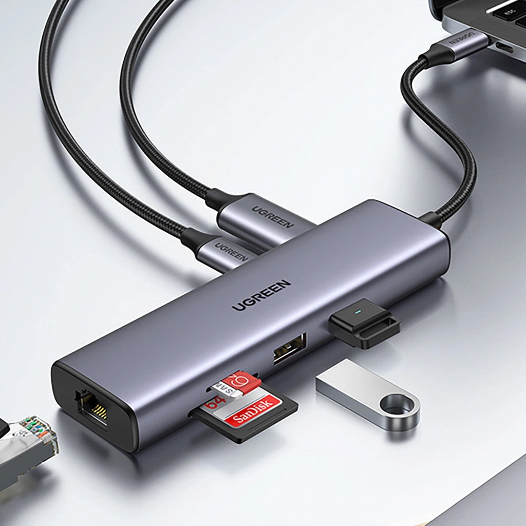 Hub USB-C UGREEN CM512 (90568), 2 x USB-A 3.0 - 1 x USB-C - 1 x HDMI - 1 x RJ45 - 1 x SD - 1 x microSD, Gris
