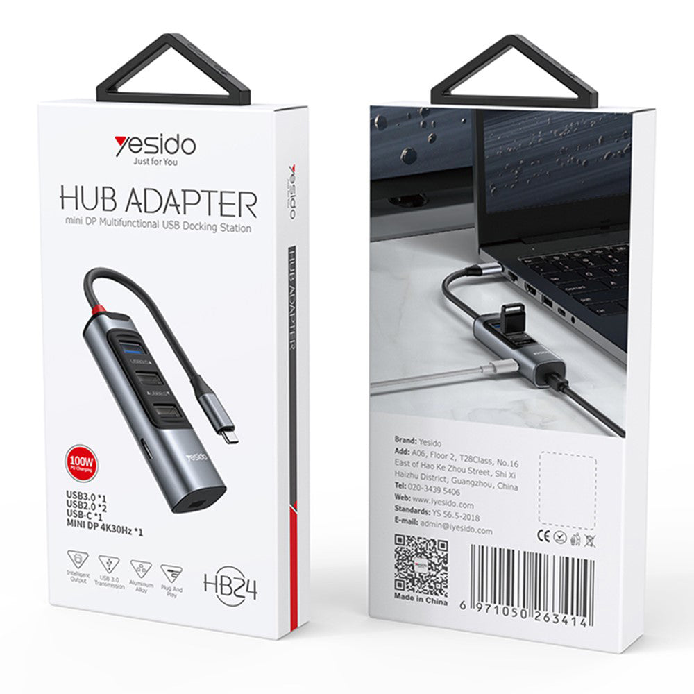 Hub USB-C Yesido HB24, 5en1, Gris