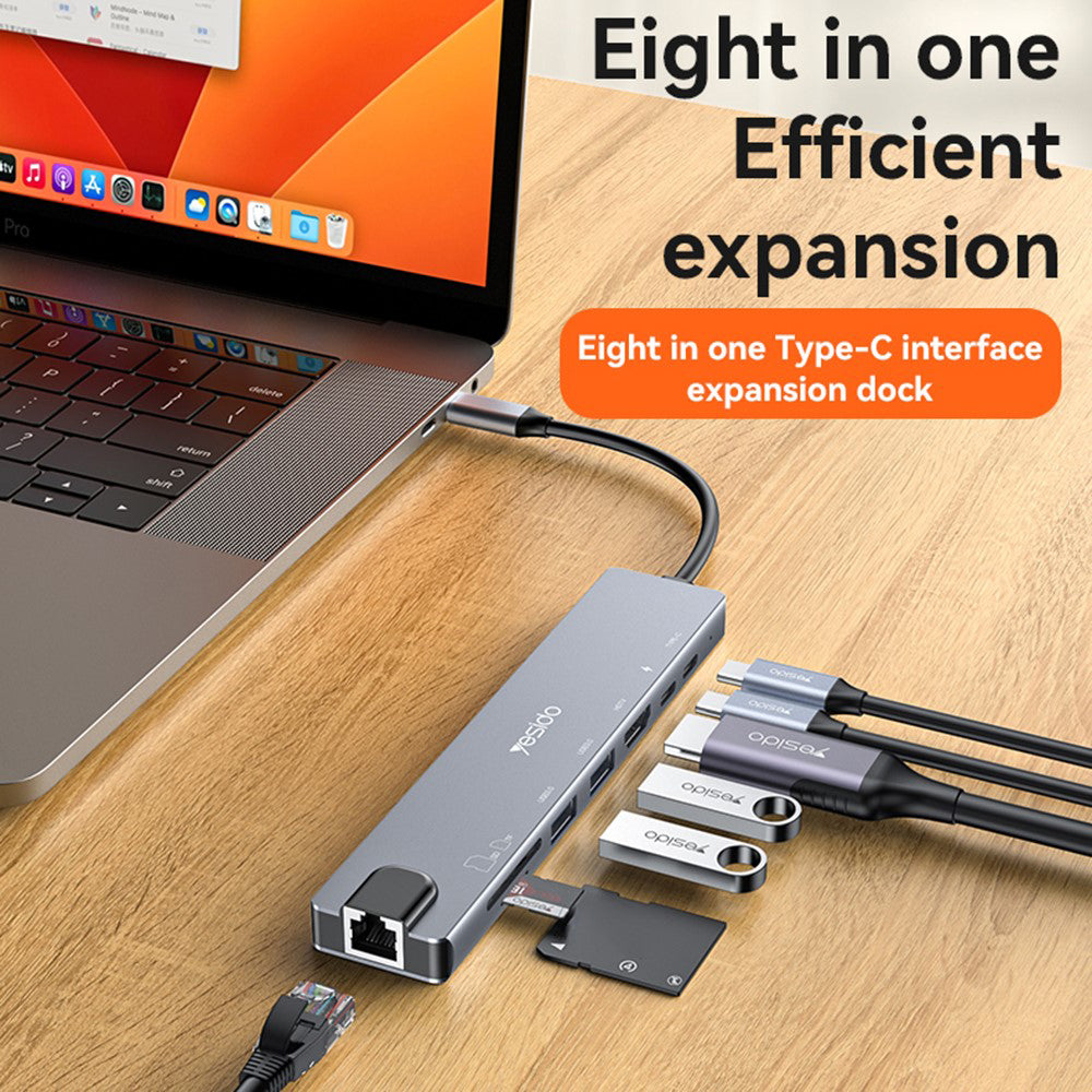 Hub USB-C Yesido HB27, 8en1, Gris