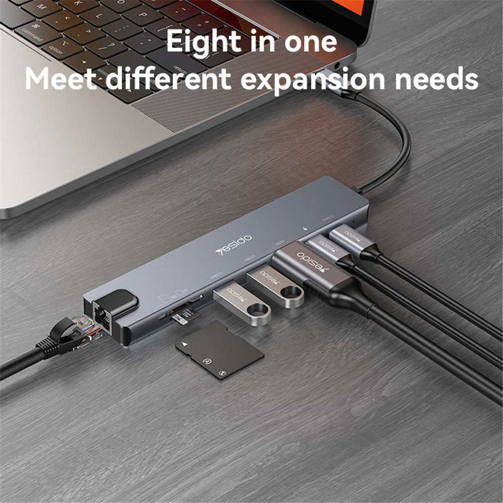 Hub USB-C Yesido HB27, 8en1, Gris