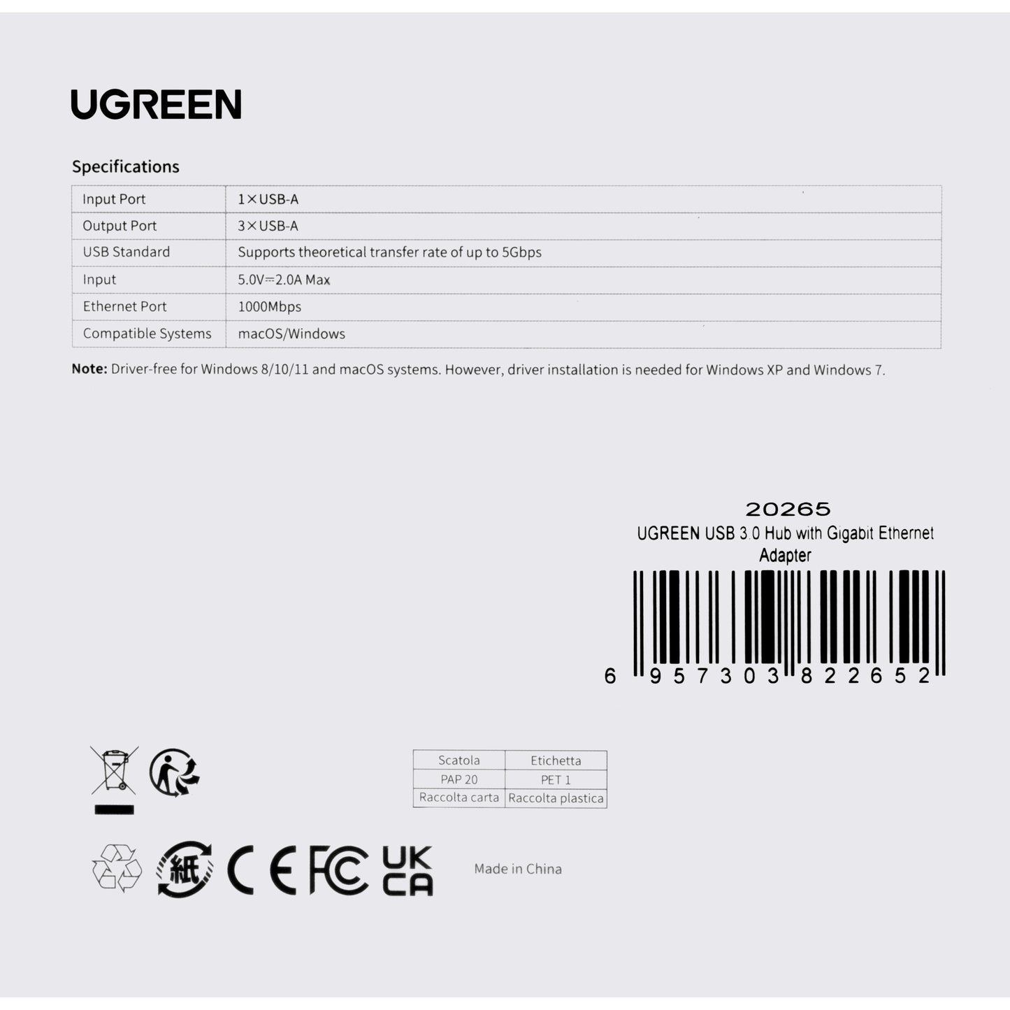 Hub USB UGREEN 20265, 3 x USB-A 3.0 - 1 x RJ45, Noir