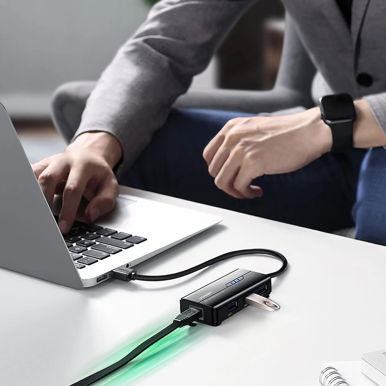 Hub USB UGREEN 20265, 3 x USB-A 3.0 - 1 x RJ45, Noir
