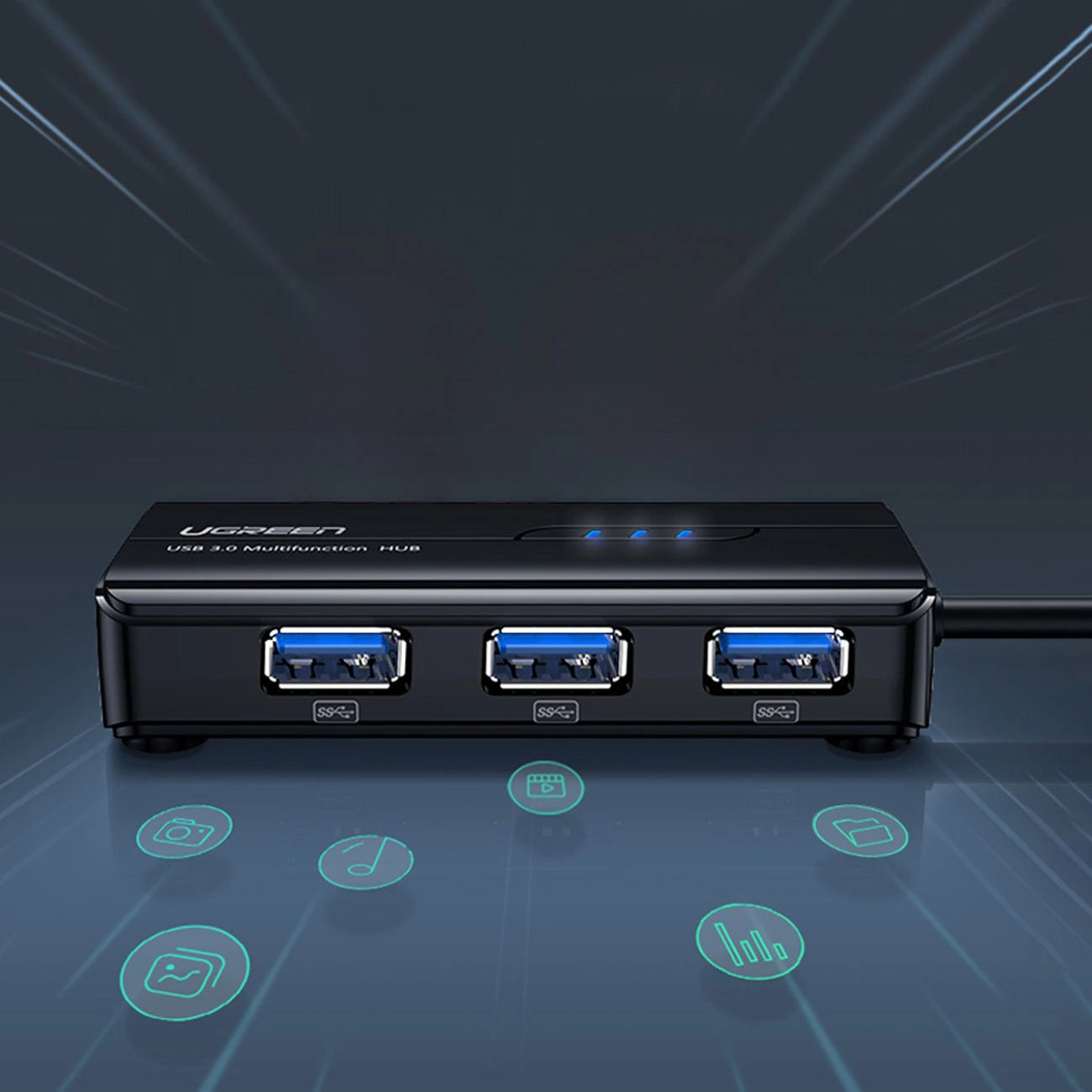 Hub USB UGREEN 20265, 3 x USB-A 3.0 - 1 x RJ45, Noir