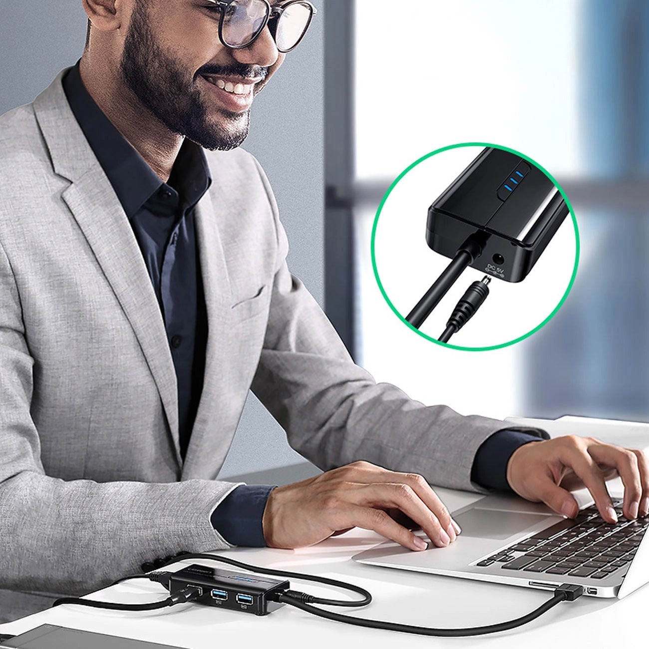 Hub USB UGREEN 20265, 3 x USB-A 3.0 - 1 x RJ45, Noir
