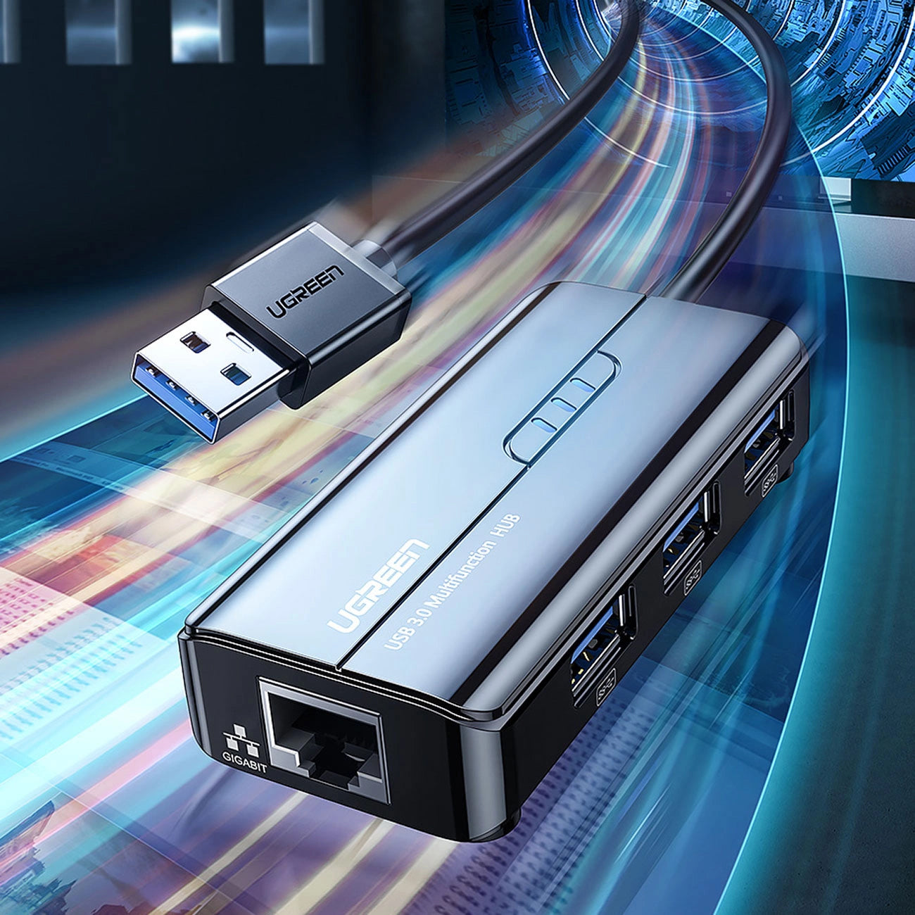 Hub USB UGREEN 20265, 3 x USB-A 3.0 - 1 x RJ45, Noir