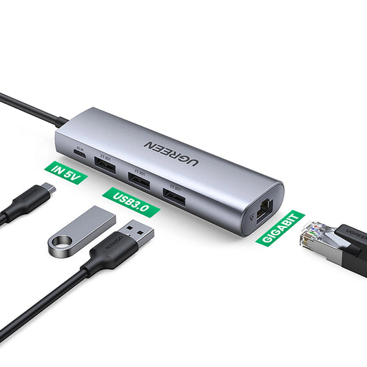 Hub USB UGREEN CM266, 3 x USB-A 3.0 - 1 x RJ45, Gris