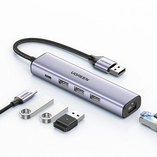 Hub USB UGREEN CM475, 3 x USB-A 3.0 - 1 x USB-C - 1 x RJ45, Gris