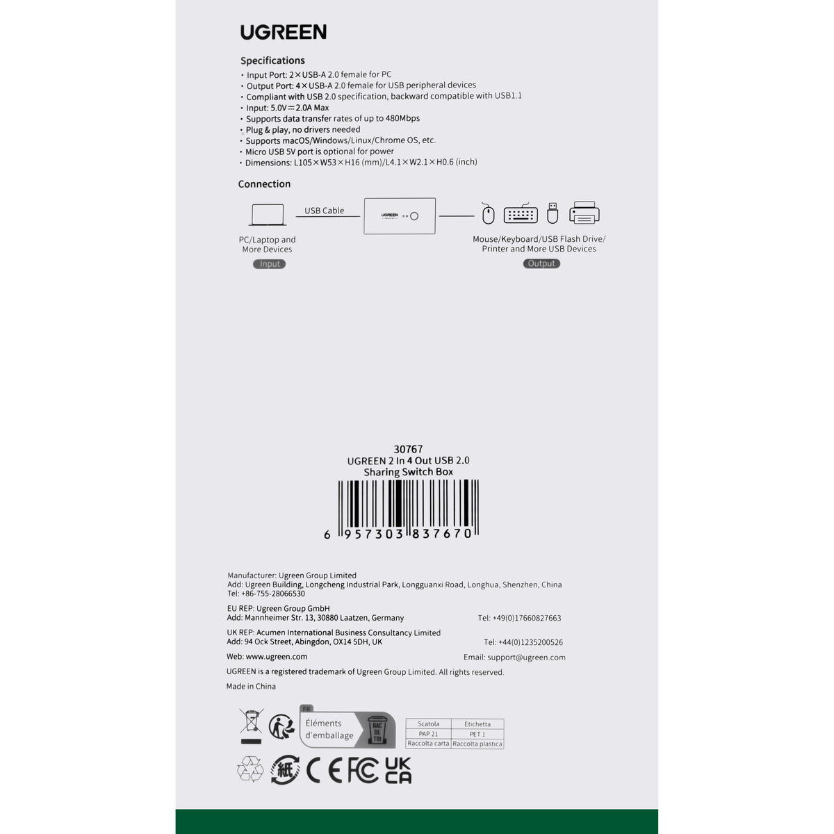 UGREEN US216 USB Switch (30767) Two Sharing Box, 4 x USB-A, Black