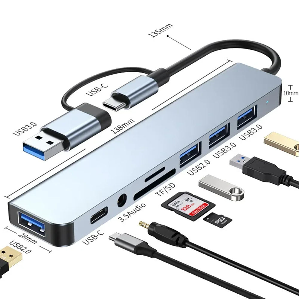 Hub USB / USB-C Techsuit H9 DataBridge, 8en1, Gris