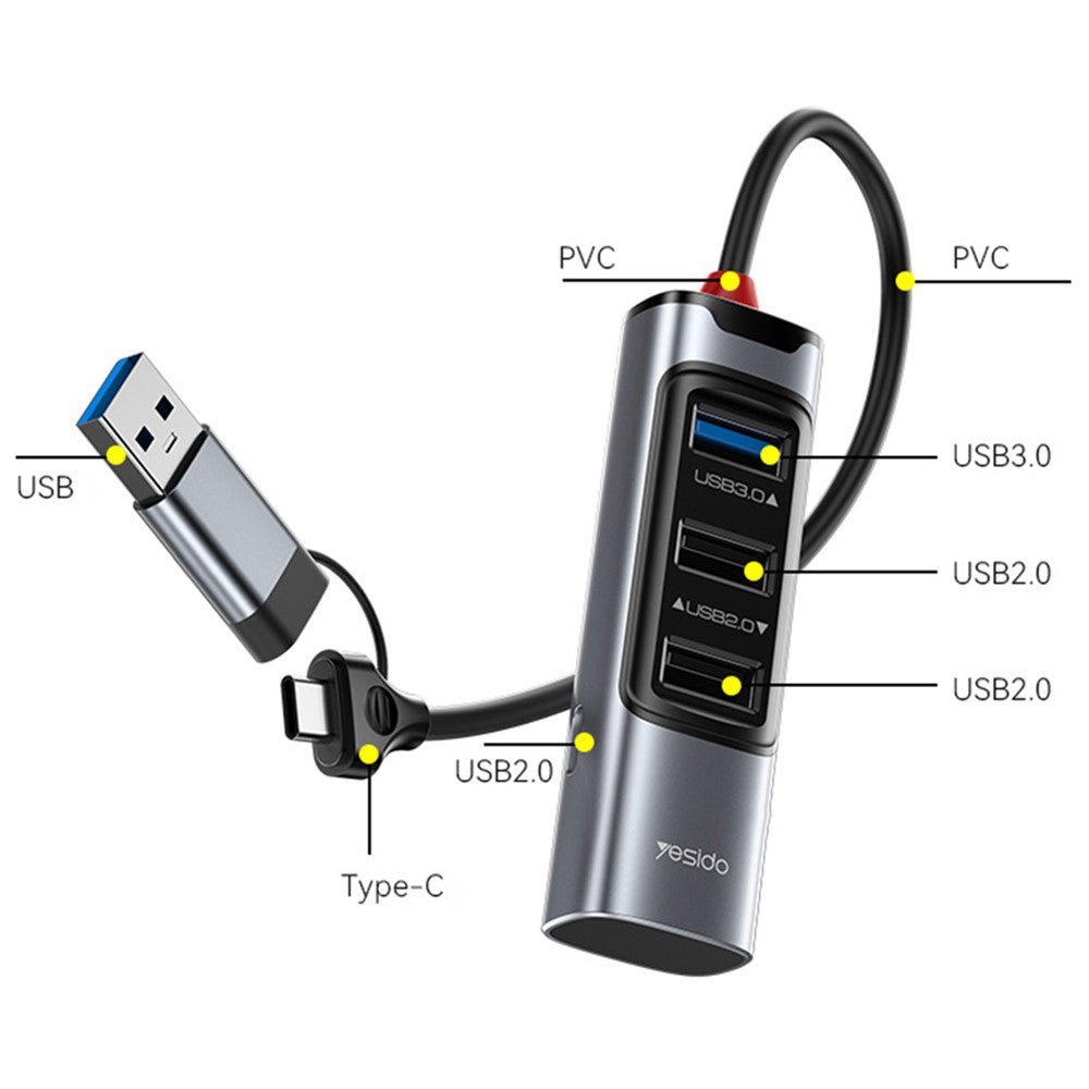 Hub USB / USB-C Yesido HB19, 4en1, Gris