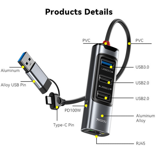 Hub USB / USB-C Yesido HB21, 5en1, Gris