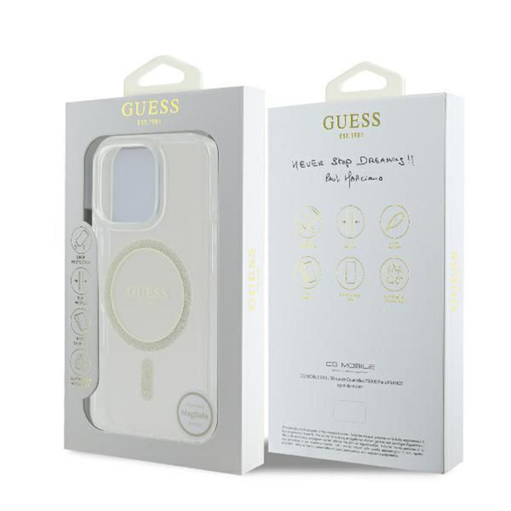 Étui MagSafe pour Apple iPhone 16 Pro, Guess, IML Glitter Ring, Transparent GUHMP16LHFGERET