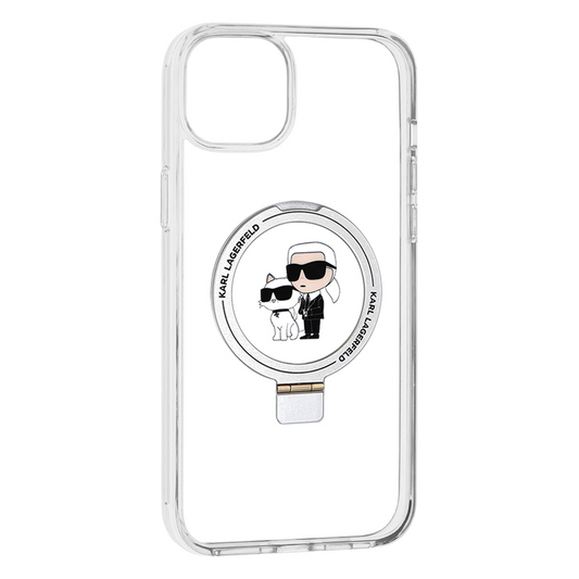 Coque MagSafe pour Apple iPhone 15 Plus, Karl Lagerfeld, Ringstand Karl and Choupette, Blanche, Reconditionnée