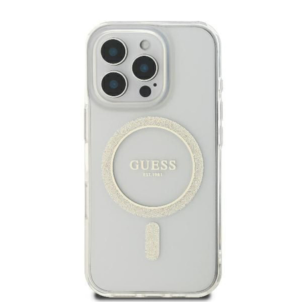 Étui MagSafe pour Apple iPhone 16 Pro, Guess, IML Glitter Ring, Transparent GUHMP16LHFGERET