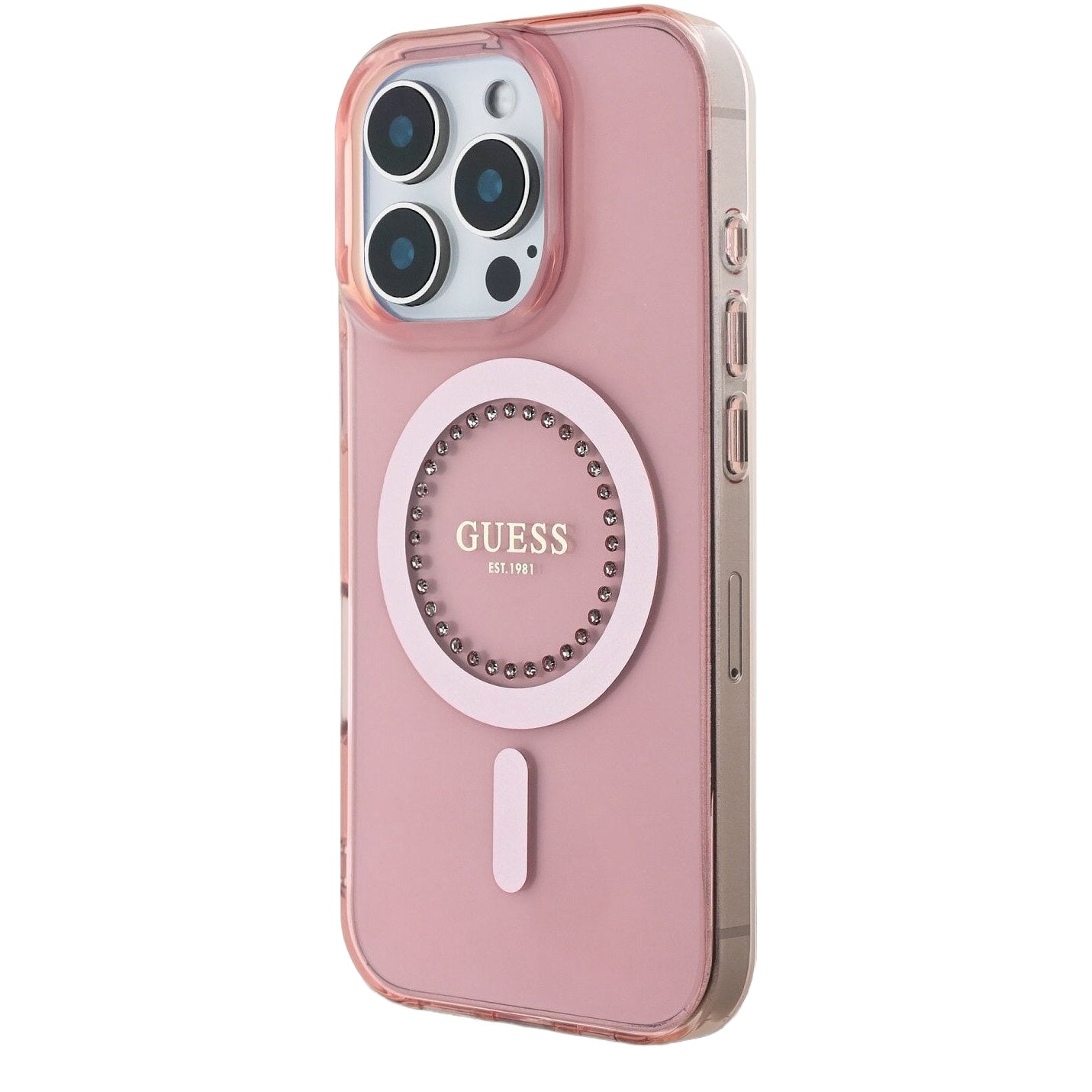 Étui MagSafe pour Apple iPhone 16 Pro Max, Guess, Anneau de Strass IML, Rose GUHMP16XPFTDTEP