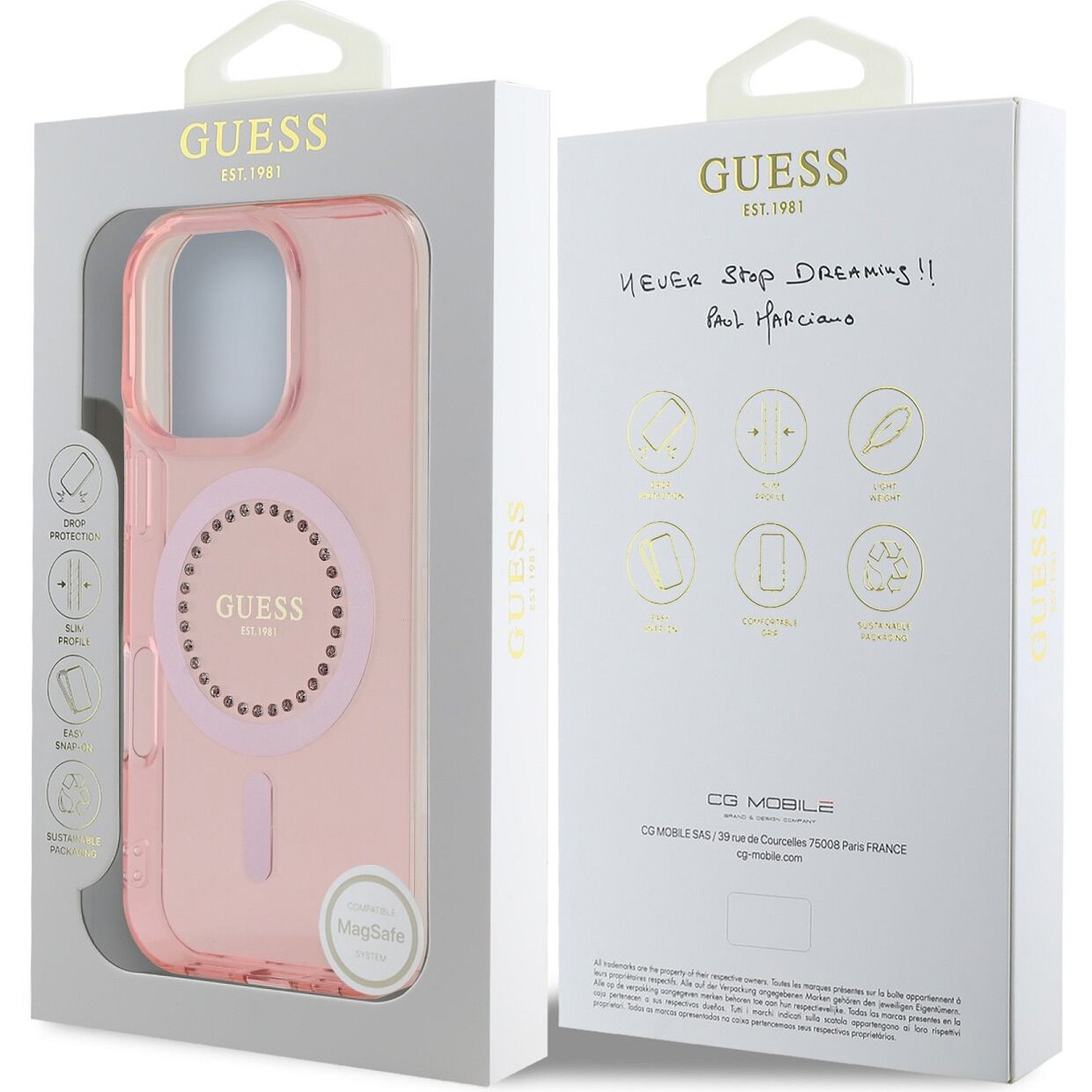 Étui MagSafe pour Apple iPhone 16 Pro Max, Guess, Anneau de Strass IML, Rose GUHMP16XPFTDTEP