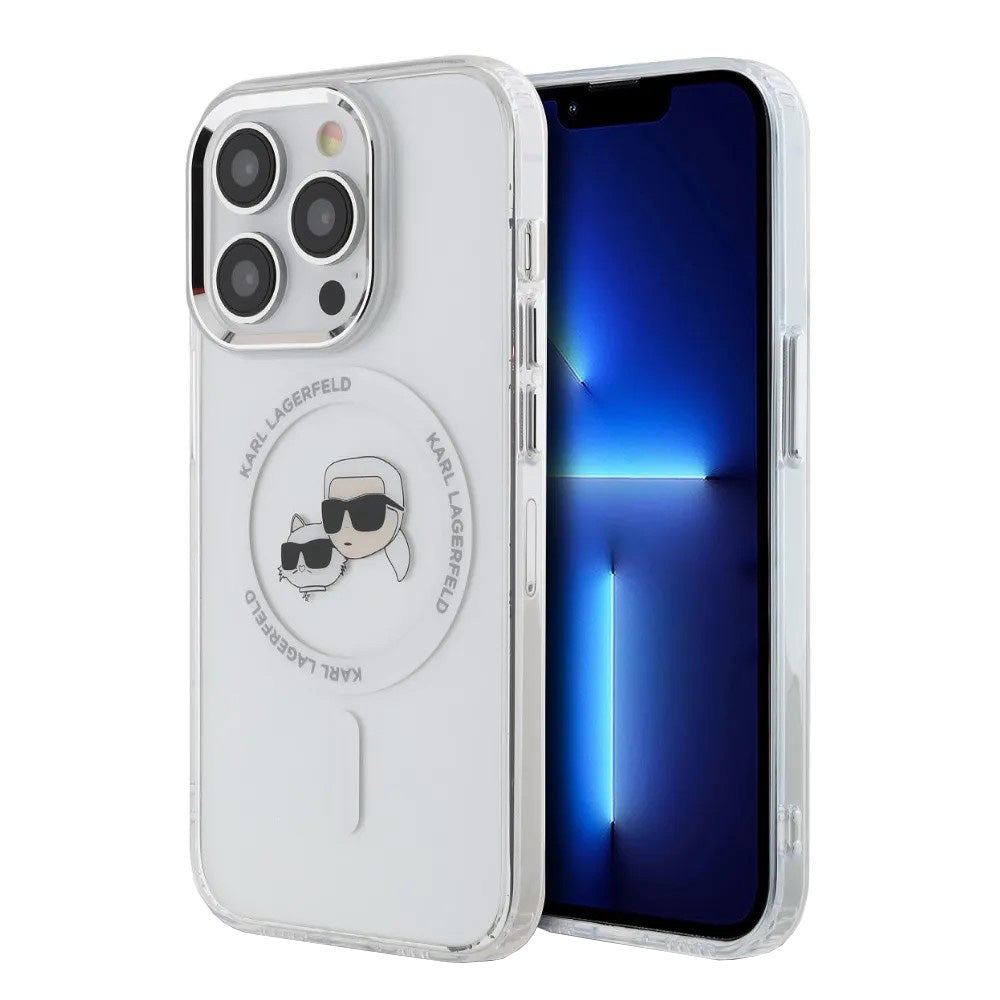 Étui MagSafe pour Apple iPhone 14 Pro, Karl Lagerfeld, IML Metal Karl & Choupette's Heads, Blanc.