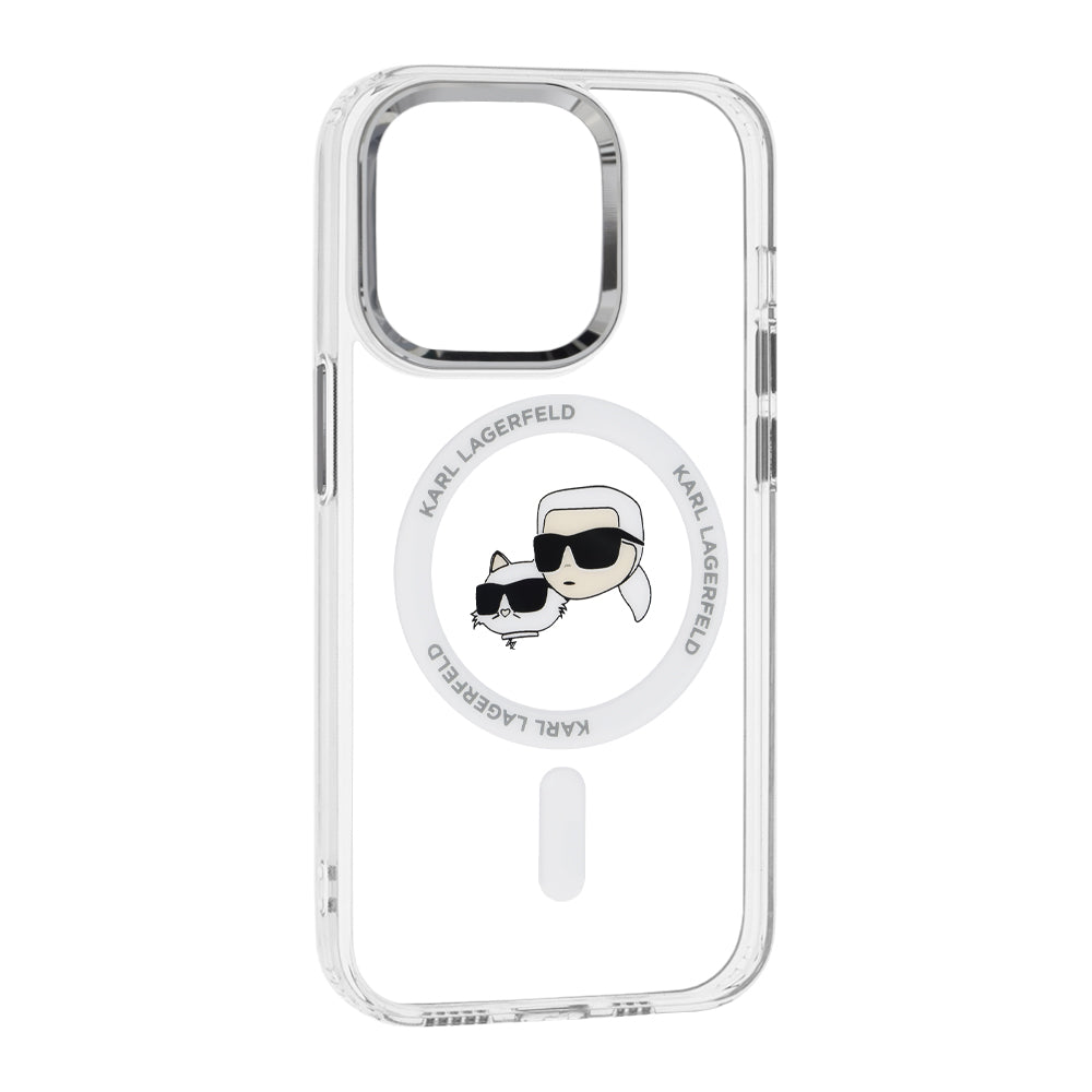 Étui MagSafe pour Apple iPhone 14 Pro, Karl Lagerfeld, IML Metal Karl & Choupette's Heads, Blanc.