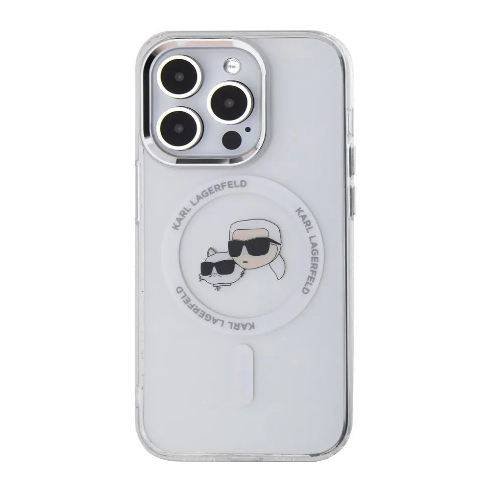 Étui MagSafe pour Apple iPhone 14 Pro, Karl Lagerfeld, IML Metal Karl & Choupette's Heads, Blanc.